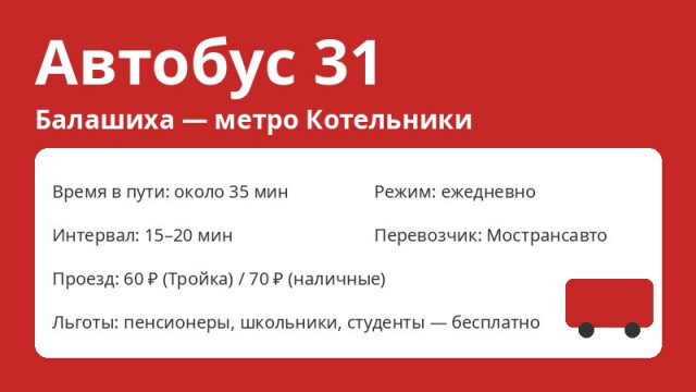 Автобус № 31 Балашиха (Балашиха &mdash; метро Котельники): схема, остановки, расписание (2026)